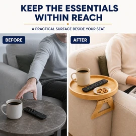 Bamboo Sofa Armrest Tray Table, Clip-On Round Couch Tray for Snacks, Drinks, Remote Control and Coffee