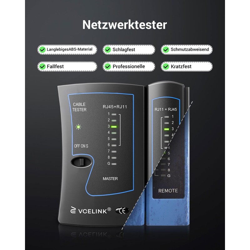 VCELINK Kabeltester, Netzwerktester Kabeltester für RJ45 RJ11 Kabel-Patchkabel-Leitungstester, LAN Tester,