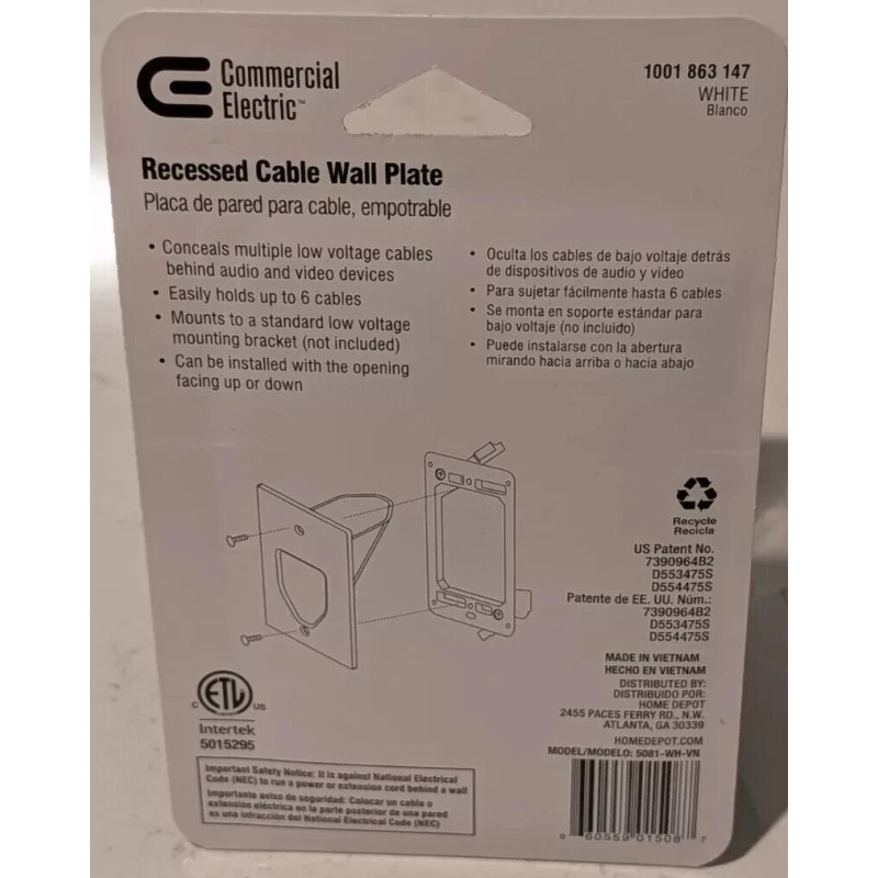 Commercial Electric 1-Gang Recessed Low Voltage Cable Wall Plate -