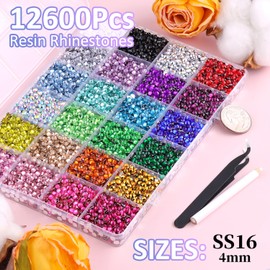 12600Pcs Resin Rhinestones for Crafting with Tweezers, Multicolor 4mm Flatback Gems with 1 B7000 Jewelry Glue, Bedazzling Crystal for Crafts Clothing Tumblers Mugs Shoes Fabric Nail Art Makeup