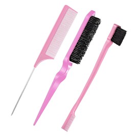 LIDOUK Hair Brush Set with Edge Brush, Bristle Brush, Rat Tail Comb, Teasing Brush Set for Smoothing Baby Hair & Flyaways - Pink (3 Pcs)