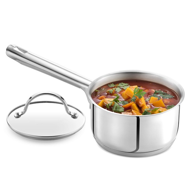 GOURMEX 2.6 Qt Induction Saucepan | Stainless Steel Pot With Glass Cookware Lid | Interior Measurement Markings | Compatible with All Heat Sources | Dishwasher Oven Safe (2.6 Quart)