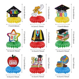 Minnhua Pack of 9 Graduation Decoration, Graduate Honeycomb Balls Table Decoration, Paper Honeycomb Centrepieces, Graduation Honeycomb Table Decorations for Graduations, Proms, Parties (Colour)