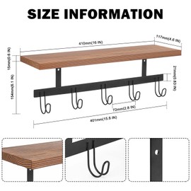 Livabber Wall Mounted Coat Rack with Wooden Shelf, Heavy Duty Wall Hanging Storage with 5 Metal Hooks for Bathroom, Entryway, Living Room, Bedroom (Black)