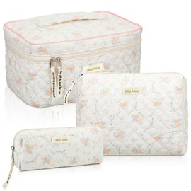 Zeyune 3 Pcs Cotton Quilted Makeup Bag Large Coquette Makeup Bag Travel Aesthetic Floral Makeup Bag Cute Kawaii Toiletry Cosmetic Pouch with Zipper for Women Gifts Home Bathroom (Apricot Peony)