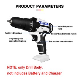Cordless Drill Driver Body with 25+1 Torque Setting, LED Light, 3/8'' Keyless Chuck for Home and Garden DIY Project, not includes Battery and Charger