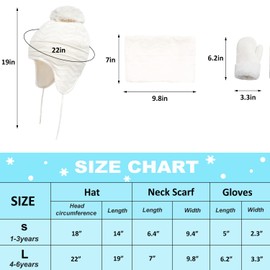 Hopsooken Winter Hats Scarf and Mittens Set for Kids Baby Girls Boys Toddler Warm Beanie Fleece Caps with Earflap (4-6 Years White)