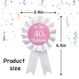 It's My 40th Birthday Badge Button Pin, Happy 40th Birthday Girls White Corsage Award Ribbon Party Decorations Supplies - Pink Pattern