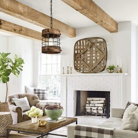 wochos Retro Industrial Metal and Wood Chandelier 1-Light Round Cage Pendant Light Fixture for Kitchen Island Foyer Hallway Bar Dining Room Restaurant, D 7.9" x H 8.7" (Brown)