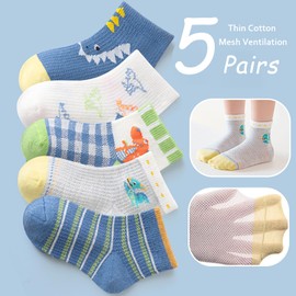 JUPSK 5 Pairs Dinosaur Boys Socks, Sport Ankle Athletic Socks Breathable Thin Mesh Summer Socks Low Cut Socks for Infants Toddlers Kids 1-8 Years Old