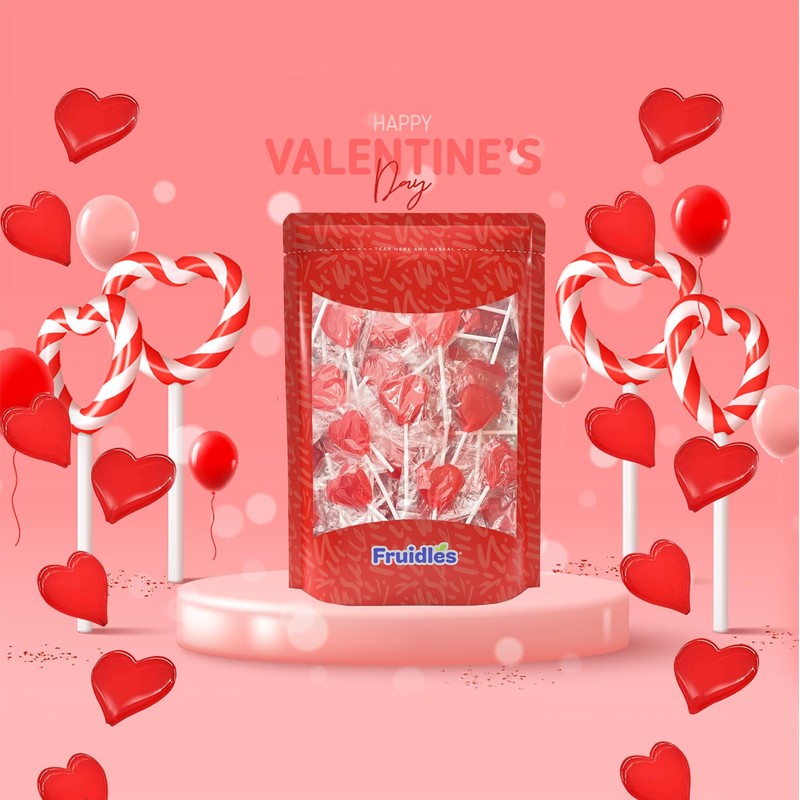 Fruidles Valentine's Heart Lollipops Candy, Red Heart Shaped Hard Candy