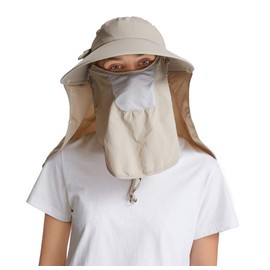 icolor Women Sun Cap Finshing Hats UPF+50 Detachable Face Mask Neck Flap Visor Wide Brim Sun Protection Hiking Hats Khaki