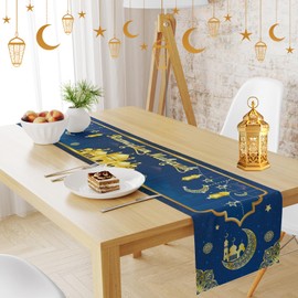 Vikiyama Ramadan Mubarak Table Runner, Ramadan Decorations for Home, Islamic Ramadan Table Decor, 72''X13'', Blue