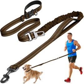 Kazazoo ​Hands Free Dog Leash for Large Dogs ​Adjustable 6 to 9 Feet ​Heavy Duty with ​No Pull Bungee & ​Leash for Dogs with Reflective Strips, Ballistic Nylon, Waist Belt Adjustable Brown L