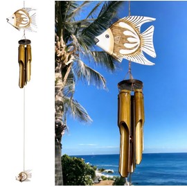 Tropical Fish Windchime – Bamboo & Wood Hanging Outdoor Garden Décor – Relaxing Calming Deep Tones
