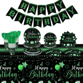 Vesici 171 Pcs Happy Birthday Party Supplies 24 Set Disposable Party Tableware include Plates Cups Napkins Cutlery and Banner Tablecloth Birthday Party Decorations for Men Woman (Black, Green)