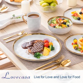 LOVECASA 16 Pieces Plates and Bowls Sets, Porcelain White and Gold Dinnerware Sets, Round Dinner Plates Dishes Set Service for 4, Dishwasher Safe and Scratch Resistant, White
