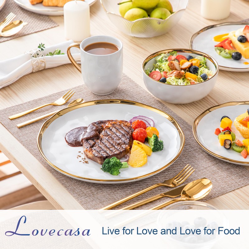 LOVECASA 16 Pieces Plates and Bowls Sets, Porcelain White and