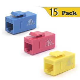 VCE Keystone RJ45 Coupler CAT6, 15-Pack Mixed-Color Ethernet Inline Connector Female to Female, Keystone Jack Insert for Wall Plate & Patch Panel,UL Listed (Blue+Red+Yellow)