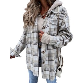 utcoco Womens Chunky Shacket Jacket Button Down Flannel Jacket with Hood Plaid Hoodie Coats (Medium, White)