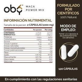 Oby Maca Power Mix | 3 Maca Peruana Orgánica 1000mg: Maca Negra, Maca Roja Y Amarilla | Alta Pureza | Suplemento Alimenticio Vegano | Testo 120 Capsulas Sin Rellenos | Vitaminas Hombre y Mujer