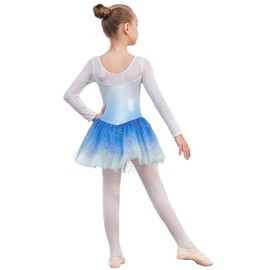 EQSJIU Long Sleeve Ballet Leotard with Tutu Snow Blue Mesh Tutu Princess Dress Ballet Outfit for Girls 4t 5t 4-5t