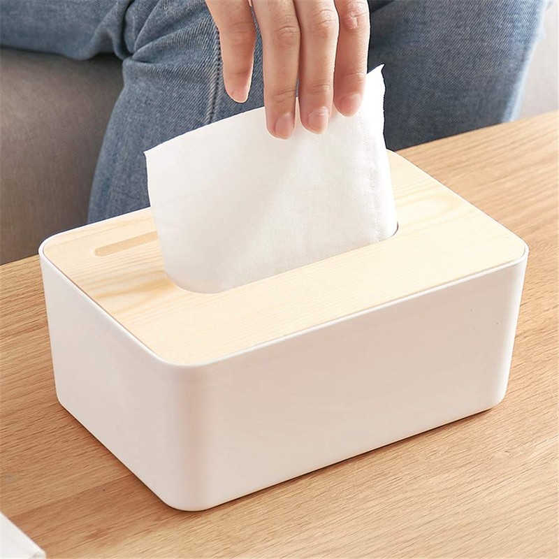 Tissue Box Plastic Removable Wood Cover Holder Storage Organizer for