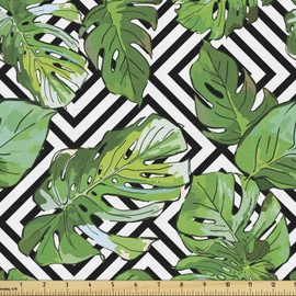 Ambesonne Tree Fabric by The Yard, Macro Palm Leaves on Minimalist Striped Geometric Botany Print, Decorative Fabric for Upholstery and Home Accents, 3 Yards, Green White