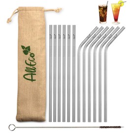 AllEco® Strohhalm wiederverwendbar Edelstahl 12er Set + Reinigungsbürste + Eco-Beutel - Premium-Qualität, umweltfreundlich, nachhaltig, wiederverwendbar & plastikfrei (6 gerade / 6 gebogen)