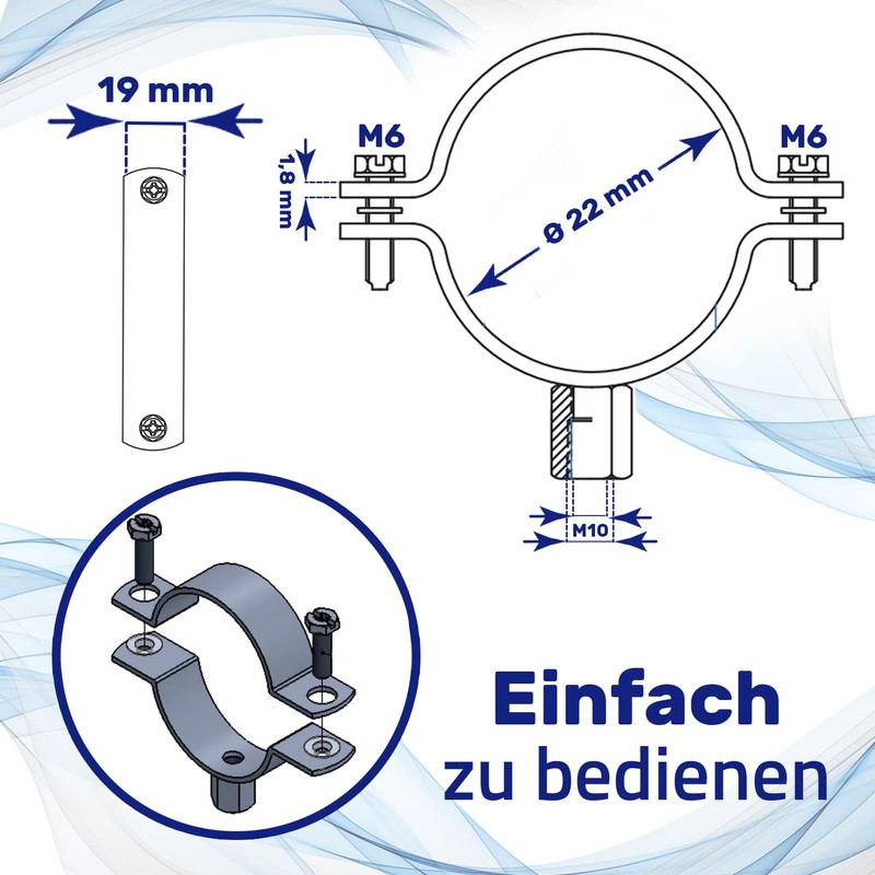 Reinforced Pipe Clamps M8/M10 with Diameter 22 mm or 1/2