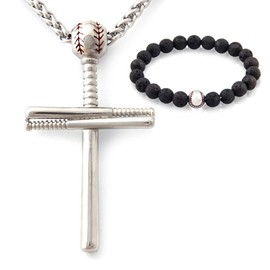 Gungneer Cross Baseball Bat Pendant Necklace Stainless Steel Wheat Chain Baseball Jewelry Accessory for Men Women