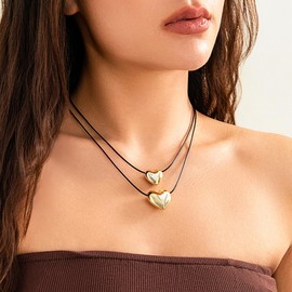 Ingemark 2-layer Velet Heart Choker Necklace for Women Y2K Big Gold Puffy Heart Pendant Black Choker (Gold 3)