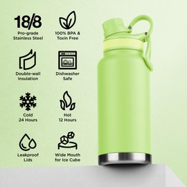ThermoProof Double-Walled Vacuum Insulated Stainless Steel Water Bottle - Wide Mouth Canteen, Spout & Straw Lids, Dishwasher Safe, Reusable, Leakproof, Hot & Cold for Men, Women - 32oz, Fresh Mint