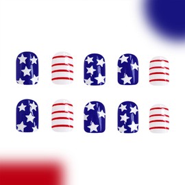 4th of July Press on Nails Short Square Fake Nails with Stars Desgins Blue White Glue on Nails Independence Day Nails Press ons Acrylic False Nails Artificial Stick on Nails for Women 24 Pcs