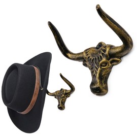 Filano Cowboy Hat Rack for Wall 2 Pack Modern Metal Cowboy Hat Holder Cast Iron Hat Hanger Western Longhorn Hooks for Storage and Display at Closet Bedroom Living Room Antique Gold