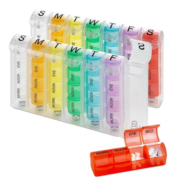 Weekly Pill Organizer - (Pack of 2) Pill Planners for Pills & Vitamins Each Day Week, Four Times-a-Day Medication Reminder, Easy to Read AM/PM Compartments Monday to Sunday for Travel & Purse