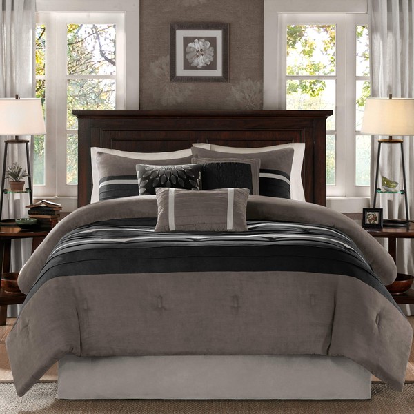 Madison Park - Palmer 7 Piece Comforter Set - Black and Gray - Queen - Pieced Microsuede - Includes 1 Comforter, 3 Decorative Pillows, 1 Bed Skirt, 2 Shams