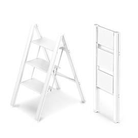 WOA WOA 3 Step Ladder, Foldable Step Stool, Lightweight Ladder for Home Kitchen Closet, Anti-Slip Aluminum Pedals, Ease of Folding, Portable, 300lbs Capacity - White