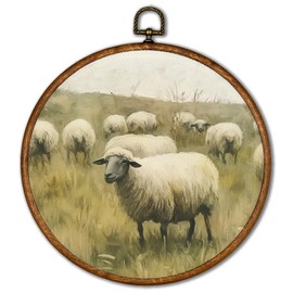 KSDUT Spring Easter Wall Decor Art - Retro Vintage Sheep Landspace Wall Art Canvas Frame Hanging Prints, Easter Gifts for Women Christian Round Wall Art Decor for Farmhouse Home Decorations 10"x10"