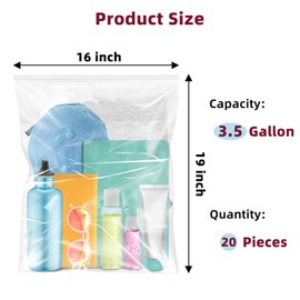 Large 3.5 Gallon Plastic Zipper Storage Bags, 16x19 Inches Clear Reclosable Storage Bags 20Pieces