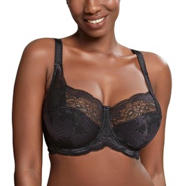Panache Women's Clara Underwire Full Coverage Stretch Lace Bra |Charcoal Black,36GG| Supportive Bra for Large Busts, Full Figure Fit with Side Sling, Adjustable Straps, Non-Padded Comfort