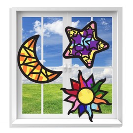 VHALE Suncatchers Craft 3 Sets (9 Cutouts) w Tissue Papers Stained Glass Effect Paper Sun Catcher Kit, Window Art, Classroom Crafts, Creative Art Projects, Kids Party Favors (Sun Moon & Stars)