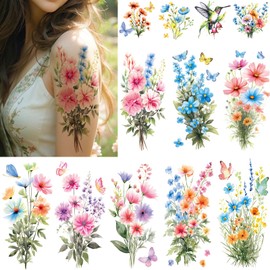 Tazimi Watercolor Flower Temporary Tattoos For Women Girls-12 Large Realistic Fake Tattoo Sleeve Festival Accessories 12 Small Flower Butterfly Tattoo for Adult