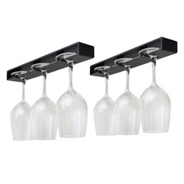 AQJUNONG Estante de plástico para copas de vino mejorado, soporte para copas de vino sin taladrar debajo del estante y el clóset, estante organizador de utensilios colgantes para bar gabinete cocina, paquete de 2 (negro)