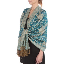 Sakkas Soft Silky Double Layer Jacquard Paisley Pashmina Shawl/Wrap/Scarf - Teal/Gold