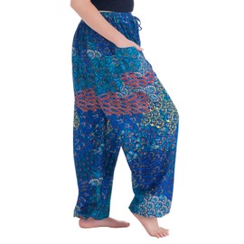 Lannaclothesdesign Harem Pants Hippie Boho Yoga Trousers Womens Flowy Clothing (L, Dark Blue Colorful Peacock)