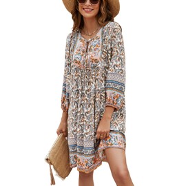 Bluetime Women Casual Summer Dress Boho V Neck 3/4 Sleeve Babydoll Floral Print Flowy Beach Dress (L, Beige)