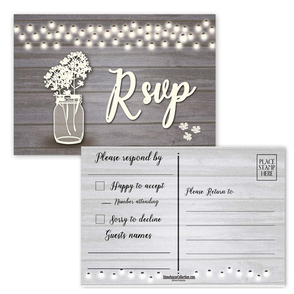 Stonehouse Collection | 50 Lights, Jar and Flowers RSVP Postcards | Wedding, Baby Shower, Birthdays, Celebration Announcements | Great For Any Occasion | 4" x 6" Postcards - Made in the USA