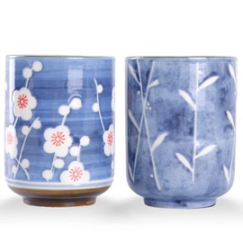 WHJY 10oz Transitional Chinese/Japanese style Handle-less Ceramic Tea cups teacup, Cherry Bloom & Rush straw in Blue Sky Pattern Set of 2