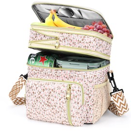 LOKASS Lunch Box for Women-16L-Insulated Lunch Bag Women, Expandable Double-layer Leakproof Cooler Bag with Upgrade Adjustable Shoulder Strap Ideal for Work/Travel/Picnics（White Flower）
